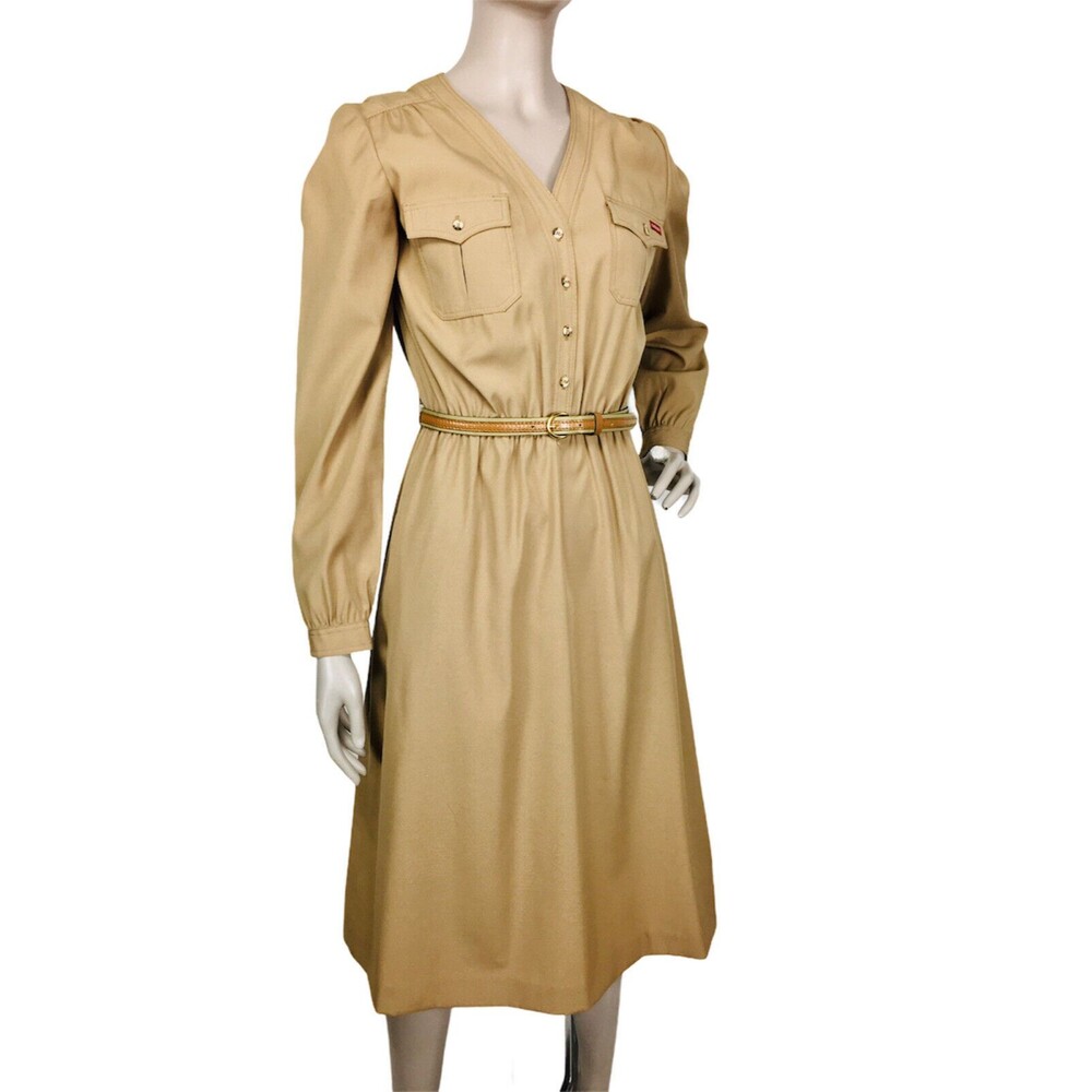 VTG 70s 80s SASSON Tan Belted Button-Front Rockabilly Western Cowgirl Dress S/M
